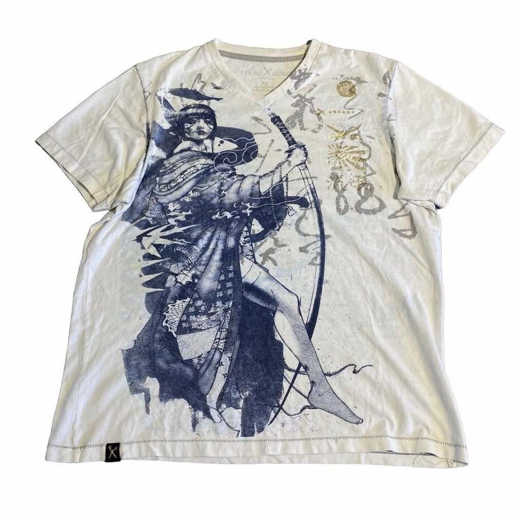 Marc Ecko Cut & Sew Samurai Graphic V-Neck T-Shirt Size M White